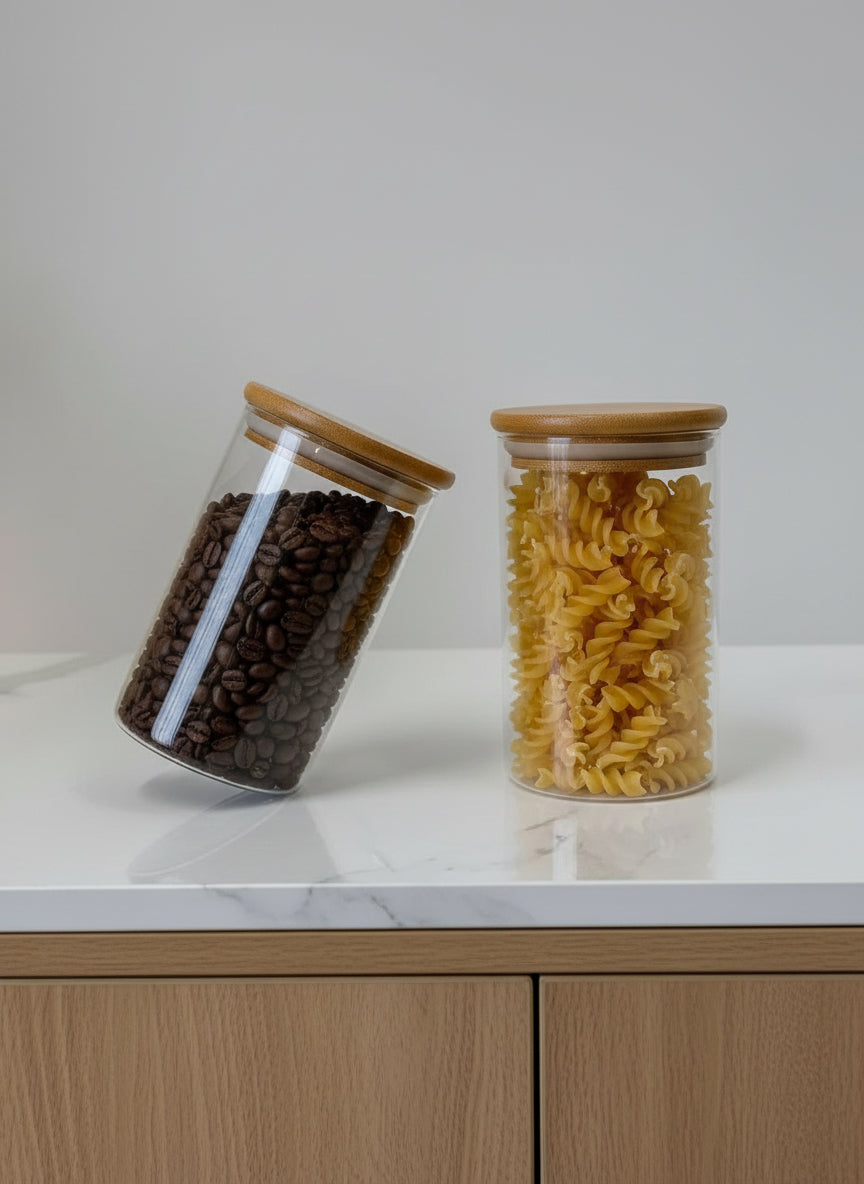 Kavanoz Qelqi me Kapak Bambuje – Organizim Elegant për Kuzhinë