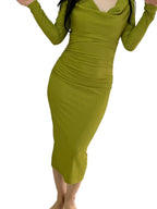 Fustan Midi Bodycon me Mëngë të Gjata – Jeshile Oliv