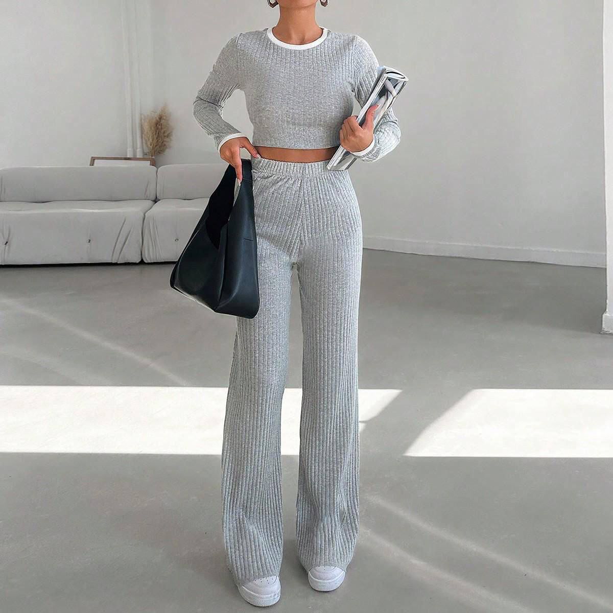 Kostum Ribbed me 2-Pjesë – Top & Pantallona Wide-Leg