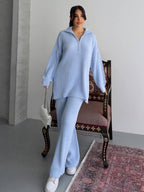 Set Triko 2-Pjesësh për Femra – Oversized Golf me zinxhir & Tuta Wide-Leg (Baby Blue)