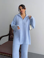 Set Triko 2-Pjesësh për Femra – Oversized Golf me zinxhir & Tuta Wide-Leg (Baby Blue)