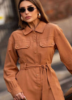 Jumpsuit Elegante “Camel Utility” – Me Model Minimal & Rrip në Mes