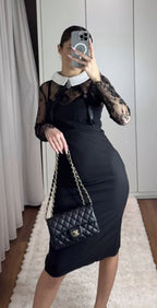 Fustan Elegant i Zi me Mëngë Dantelle & Jakë të Bardhë – Look Klasik