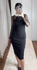 Fustan Elegant i Zi me Mëngë Dantelle & Jakë të Bardhë – Look Klasik