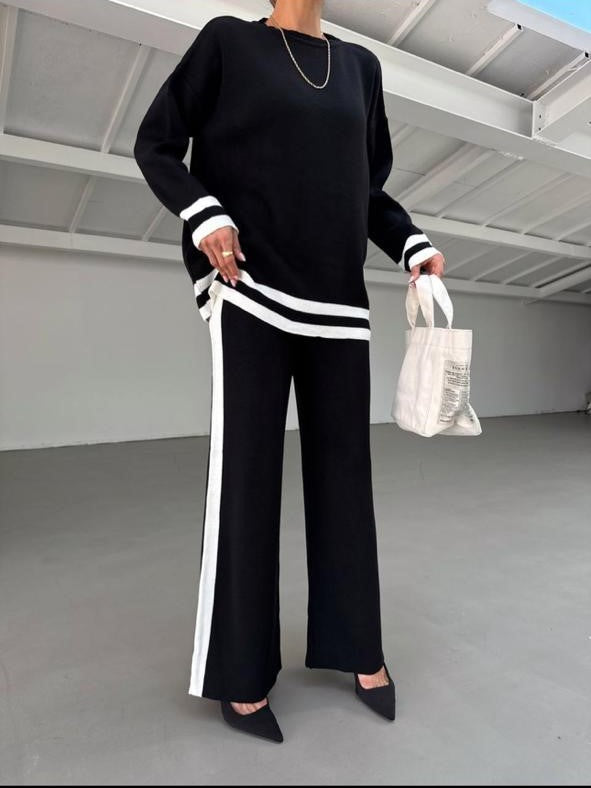 Set Triko 2-Pjesësh për Femra – Oversized Top & Pantallona Wide-Leg me Vija